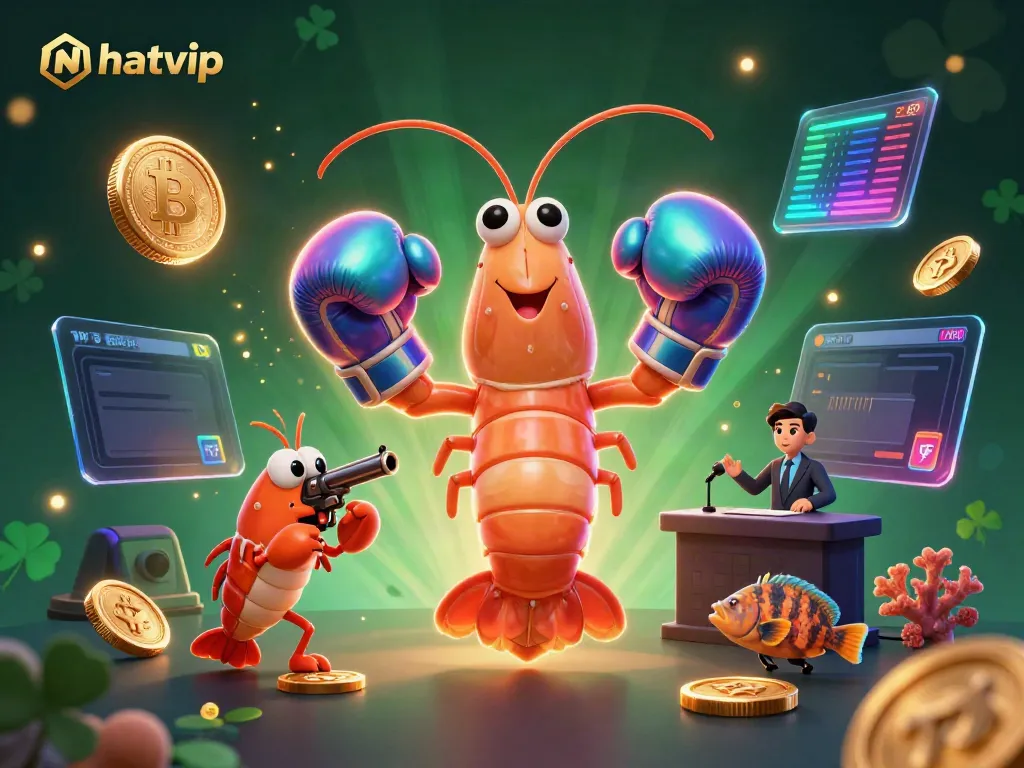 Nhatvip unleashes vibrant casino energy with animated shrimp and glowing crypto symbols.