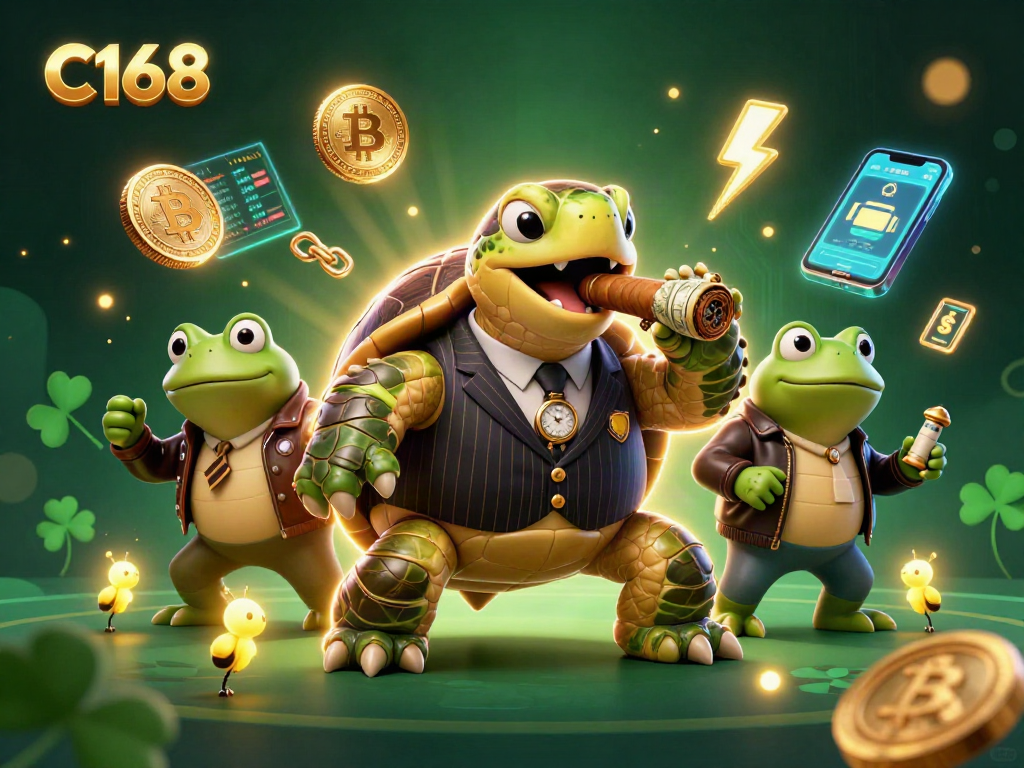C168 showcases a dynamic casino scene with a gambling-themed turtle and bullfrog enforcers surrounded by crypto elements.