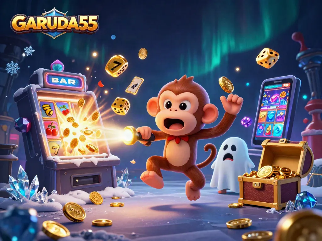 Experience the thrill of GARUDA55 with 3D casino characters juggling gold in a vibrant gaming scene!