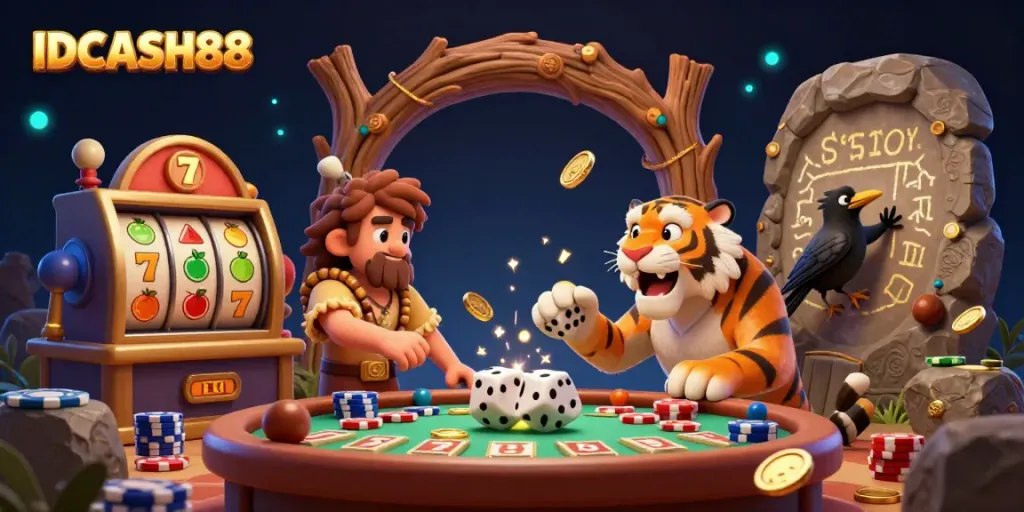 Experience the thrill of IDCASH88 with a vibrant, cartoon-style prehistoric casino scene.
