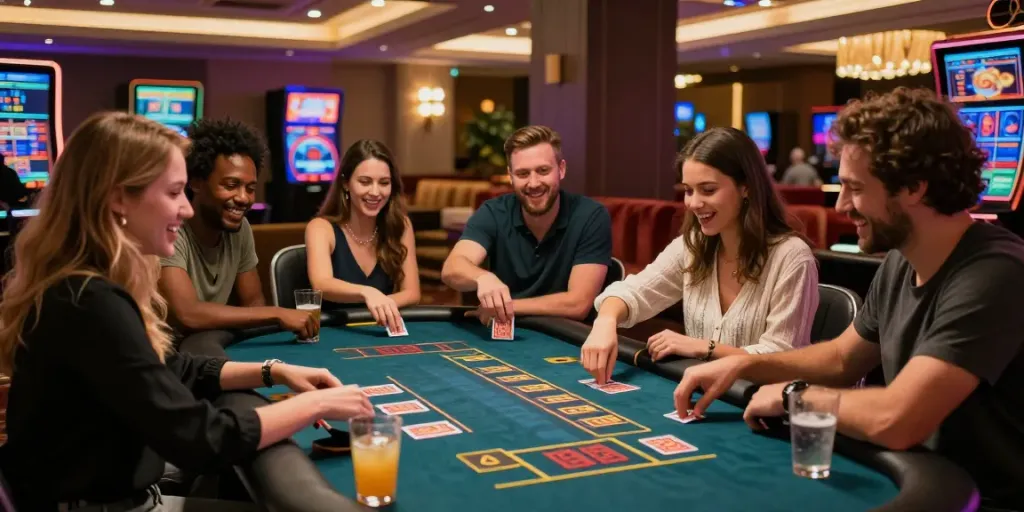 Exciting ORION88 casino atmosphere with friends enjoying card games.