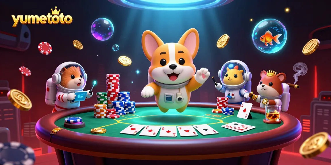 Experience exciting gameplay at yumetoto casino with floating poker chips and a vibrant atmosphere.
