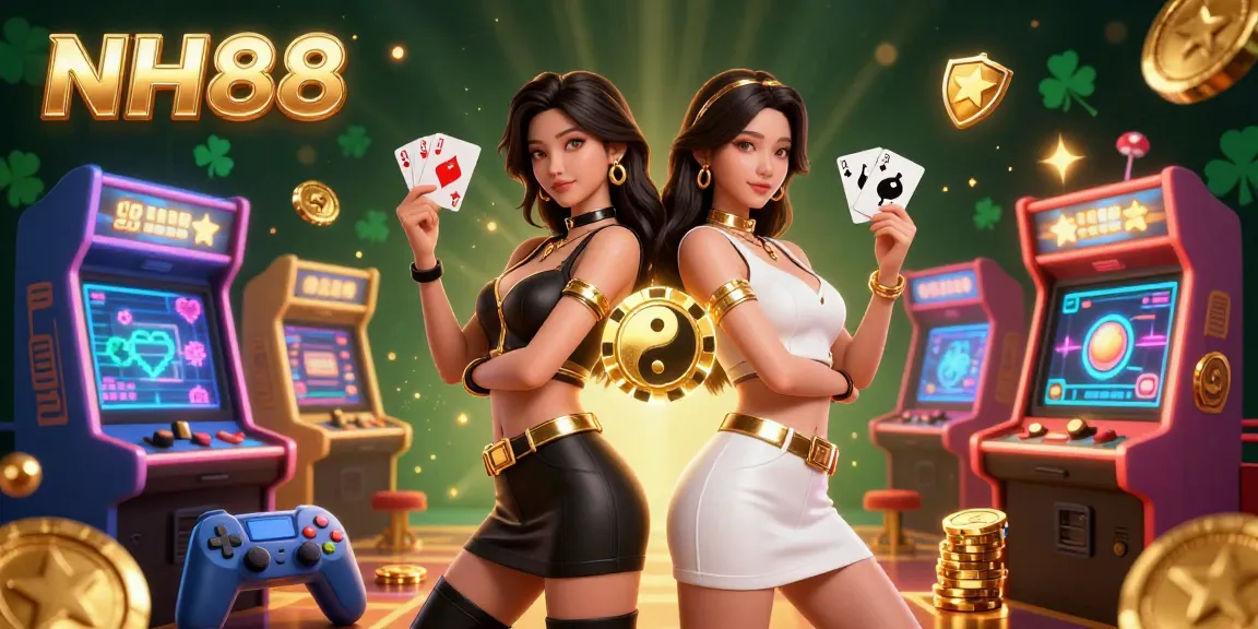 Engage in the vibrant NH88 casino experience, surrounded by stunning twin Asian women showcasing playing cards amidst dynamic gaming elements.