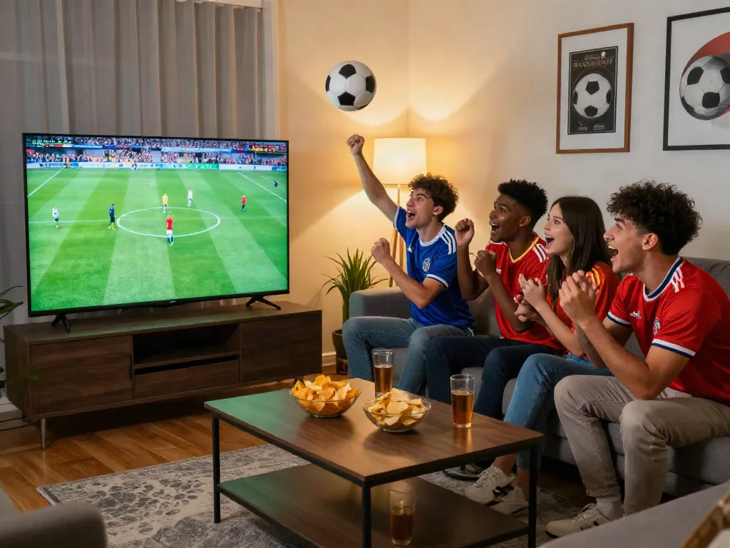 Friends enjoying a football match at home, highlighting xoilactvx.me's streaming experience.