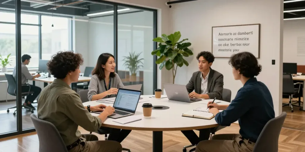 Modern office scene featuring a stylish partition as a team collaborates on ideas.