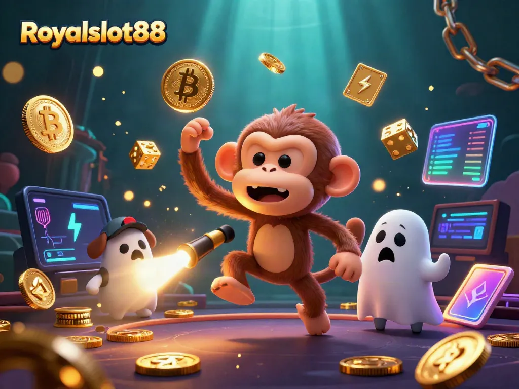 Permainan slot Royalslot88 yang menarik dengan koin Bitcoin dan karakter unik.