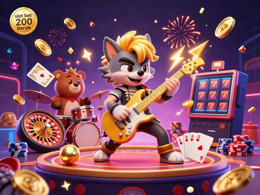 Engage in thrilling gameplay with slot bet 200 perak, featuring a dynamic casino scene with cartoon characters and vibrant effects.