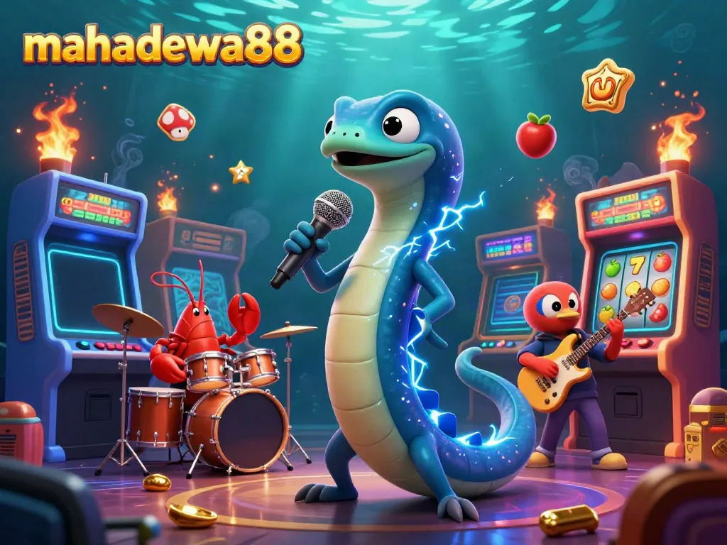 Experience the vibrant underwater casino scene with mahadewa88 through dynamic 3D cartoon characters and gaming elements.