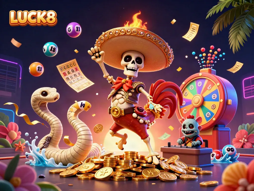 LUCK8 showcases vibrant casino energy with dancing mariachi rooster and colorful lottery elements.