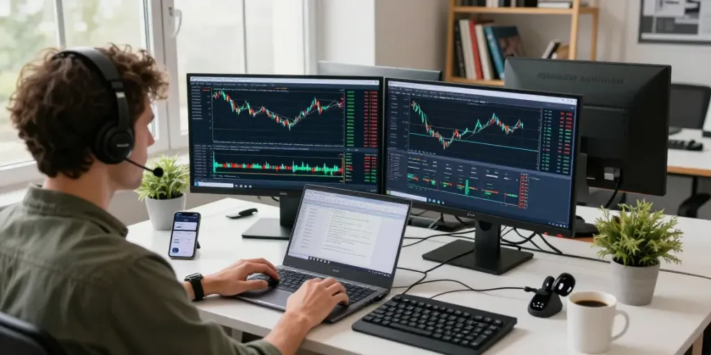 Trader analyzing MetaTrader VPS data in a professional workspace, showcasing live trading environment.