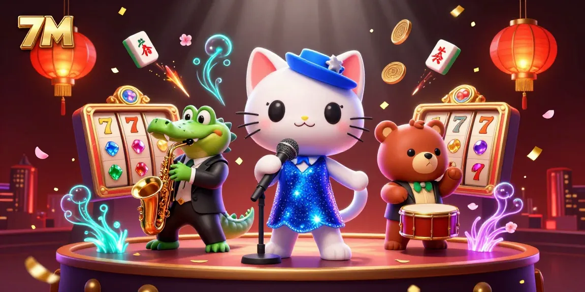 Engage with 7M's dazzling slot gaming scene featuring lively characters and vibrant visuals.