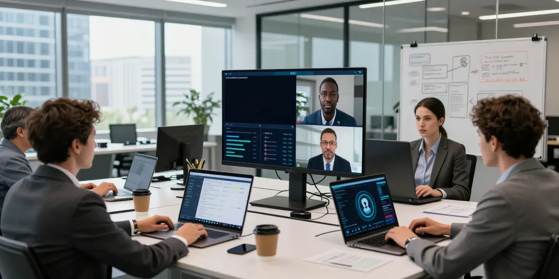 Deepfake-protected meetings in a modern office, showcasing secure virtual collaboration with diverse professionals engaged in discussion.