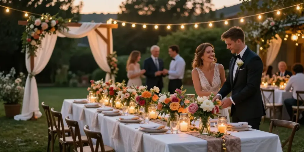 Stunning wedding decor ideas featuring rustic table settings with flowers and warm lights.