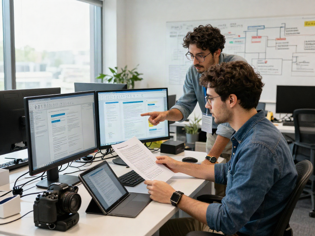Data analyst utilizing document fraud detection software in a vibrant tech office environment.