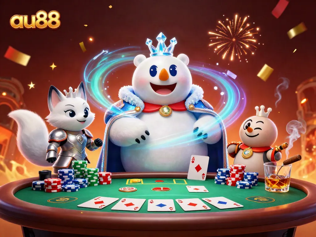 Illustration of au88-themed 3D casino scene with vibrant characters and exciting game elements.