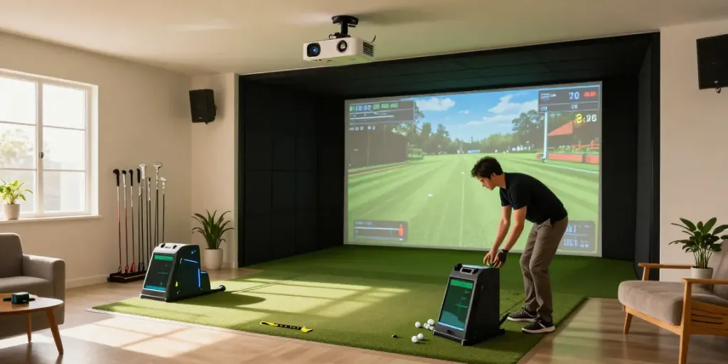 How to build home golf sim with a person adjusting the launch monitor in a well-lit garage.