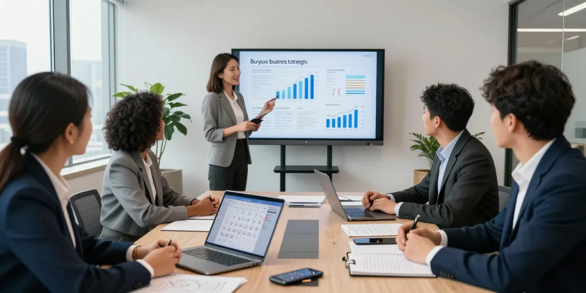 Collaborative team discussing buying a business strategies in a modern office setting