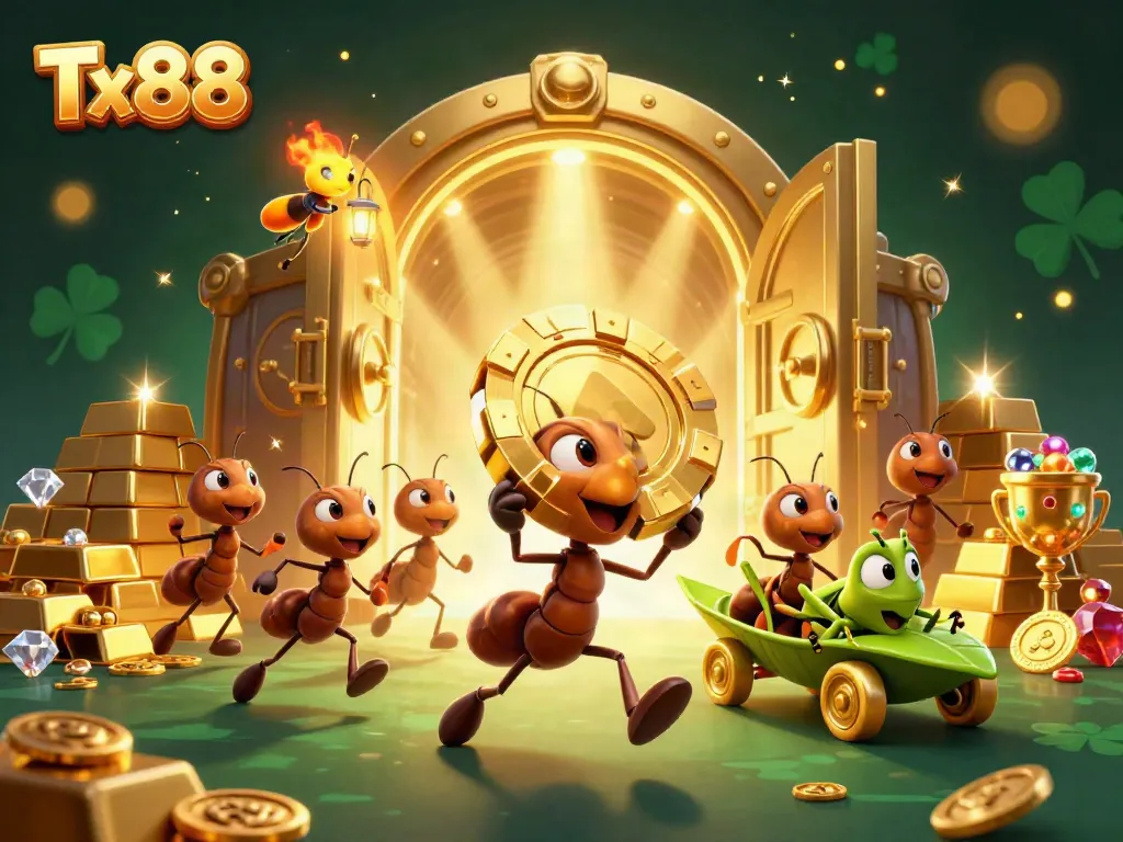 Ants in a heist carrying a giant poker chip symbolizing Tx88's thrilling casino gaming experience.