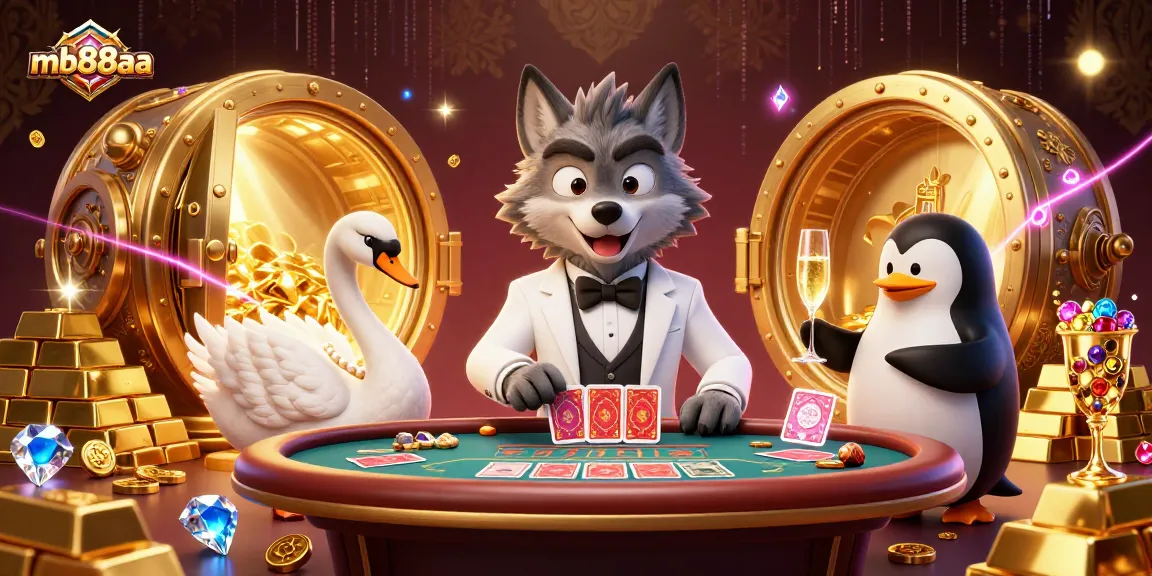 Experience the excitement at mb88aa with a dazzling casino scene featuring a wolf, swan, and penguin amongst riches.