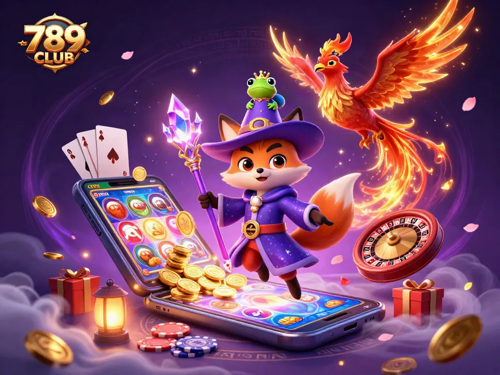 Experience the magical gaming world of 789CLUB with a wizard fox, phoenix, and exciting slot game elements.