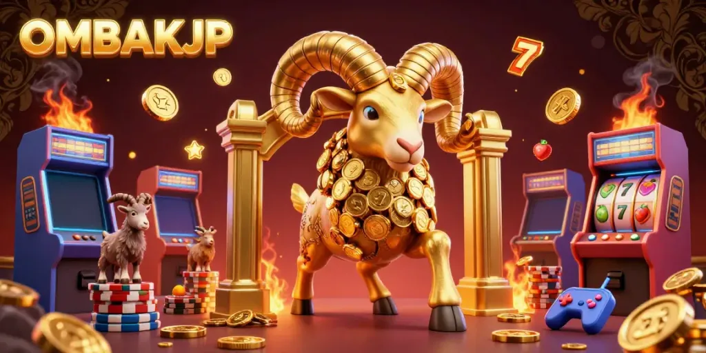 Spin to win with OMBAKJP as the golden ram charges through a vibrant casino landscape.
