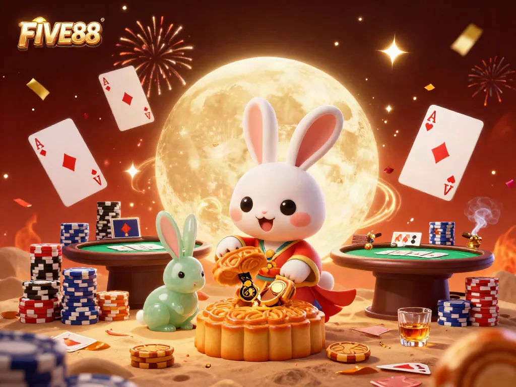 Experience the excitement of FIVE88 as the moon rabbit reveals poker chips in a vibrant casino scene.