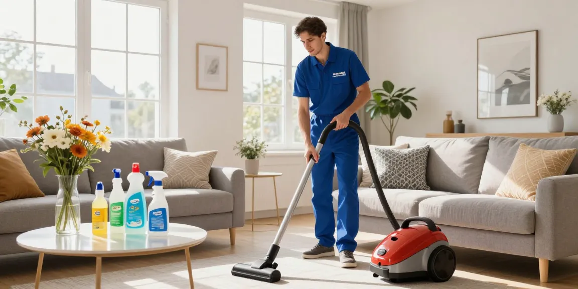 Cleaning professional offering reinigung offerte in a bright living room with eco-friendly supplies.