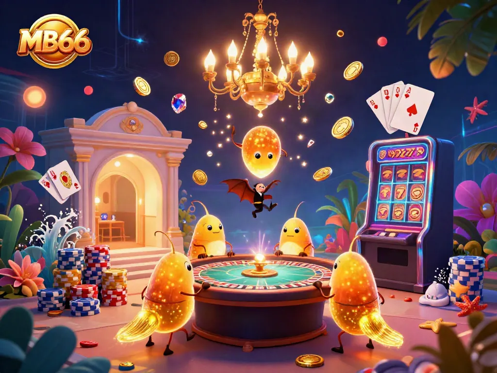 Experience thrilling gameplay at MB66 casino with glowworms illuminating a vibrant underwater casino scene.