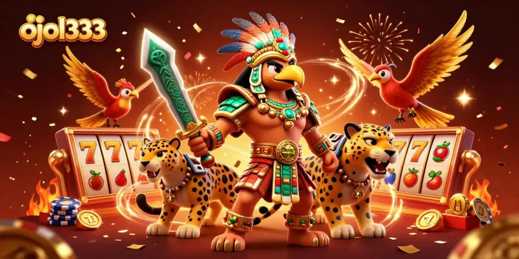 Join the fun and excitement of ojol333 with vibrant casino elements and Aztec-themed warriors.