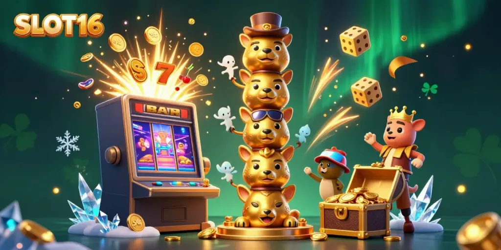 SLOT16 showcases an enchanting 3D casino scene featuring a golden totem pole surrounded by vibrant slot machine elements.