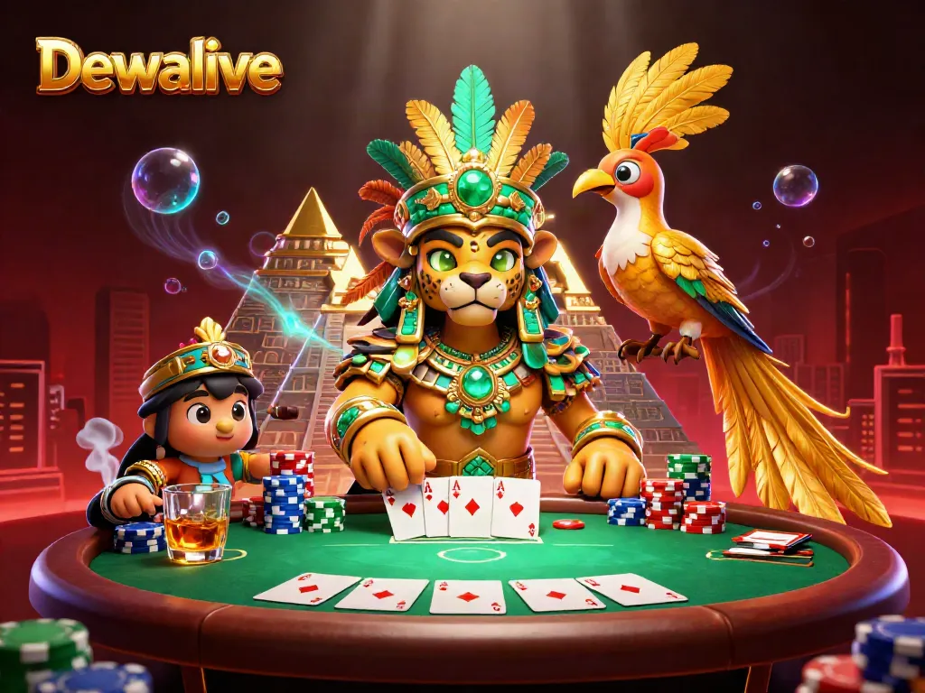 Experience thrilling gameplay with Dewalive as colorful poker elements and the mystical Mayan jaguar priest create a vibrant casino scene.