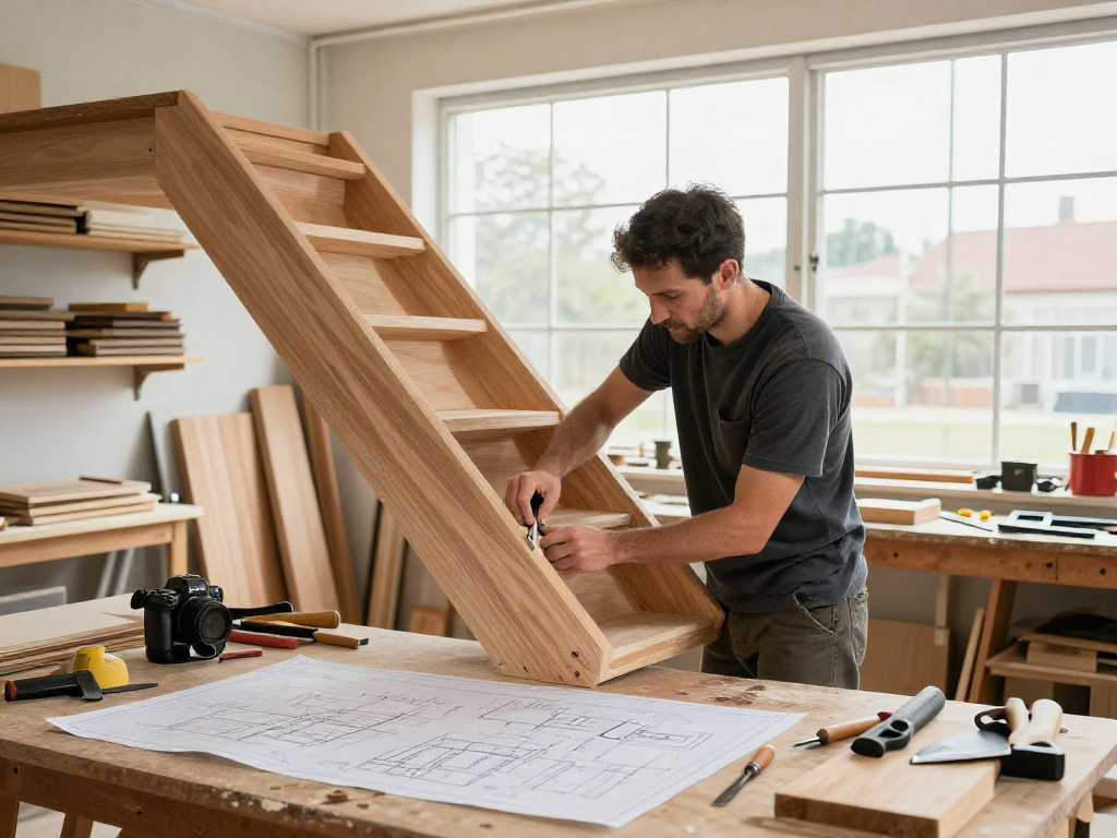 Finish Carpentry in Dover NH with skilled carpenter working on custom staircase in bright workshop.