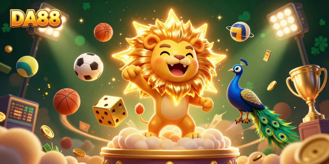 Bet on DA88 and win big with golden coins, dice, and dynamic sports elements in this exciting illustration.