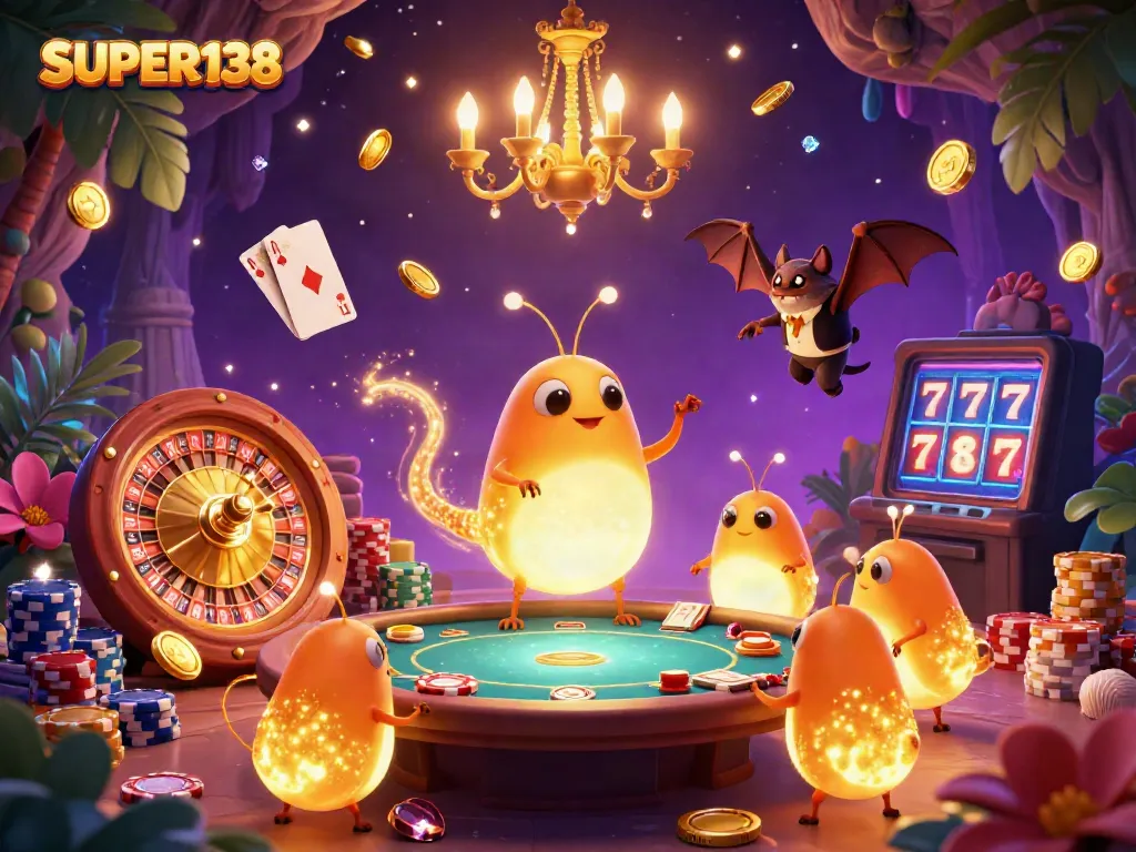 Experience the excitement of SUPER138 with glowworms illuminating a vibrant cave casino scene.
