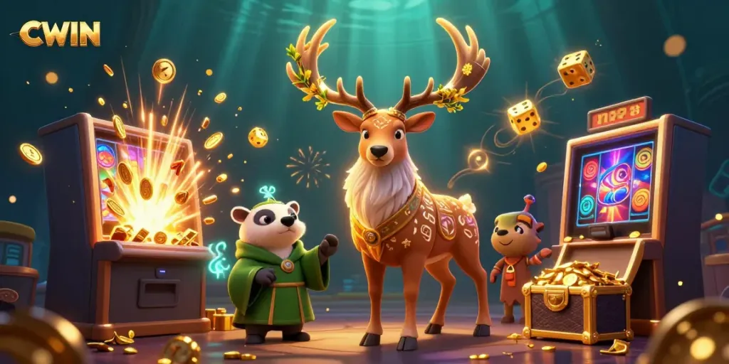 CWIN enchantment with a druid stag, badger, and casino excitement; vibrant slot machine scene.