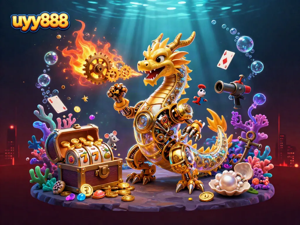Experience thrilling gameplay at uyy888 with a golden dragon and jackpot elements amid vibrant underwater scenery.
