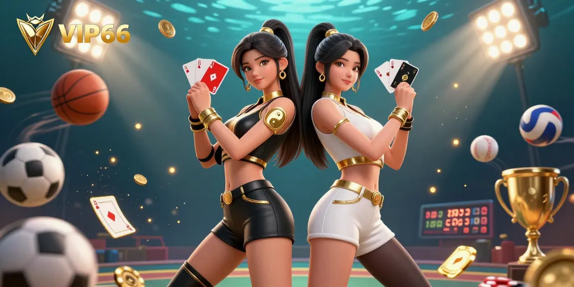 Engage in thrilling gaming at VIP66 with stunning visuals of twin women holding playing cards amidst dynamic sports action.