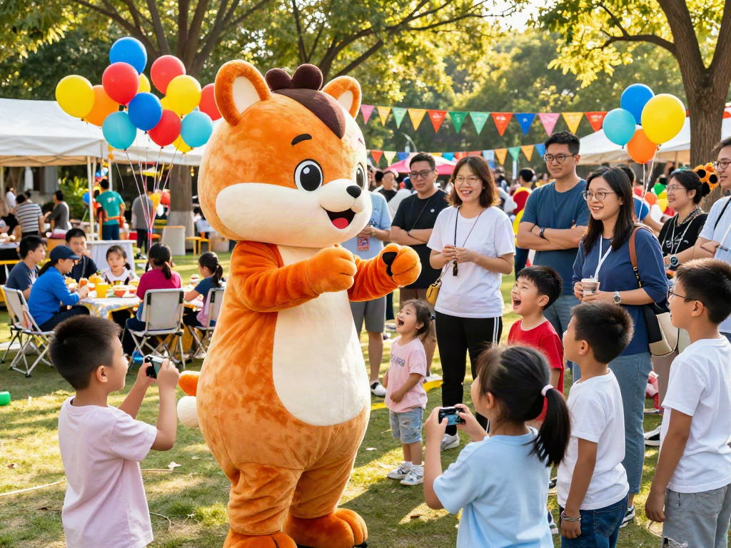Interactive mascot costumes energizing an outdoor event with children and families enjoying a festive atmosphere.