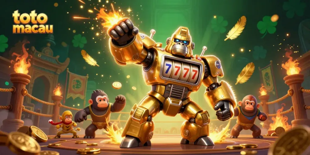 Experience the thrilling action of toto macau with mechanical characters in a vibrant casino scene.