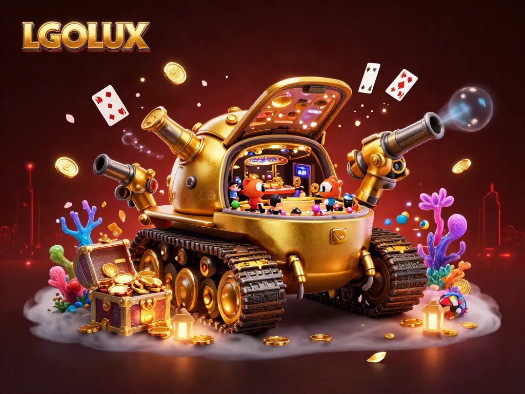 Experience the vibrant LGOLUX gaming universe with a massive golden beetle tank revealing a mini casino.