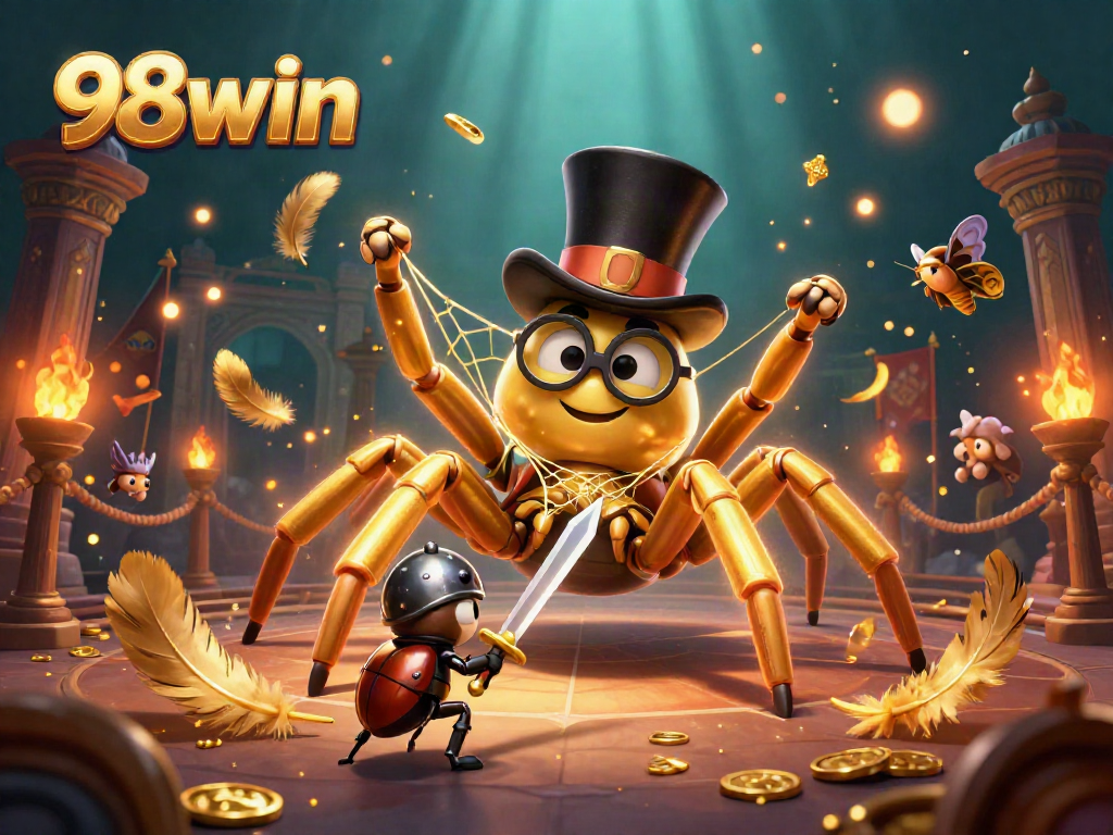 Join the excitement at 98win with a vibrant scene of a golden tarantula and beetle knight!