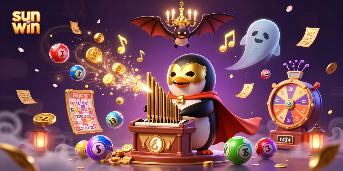 Experience endless fun with sun win as a penguin plays the organ amidst golden prizes and dynamic game elements.