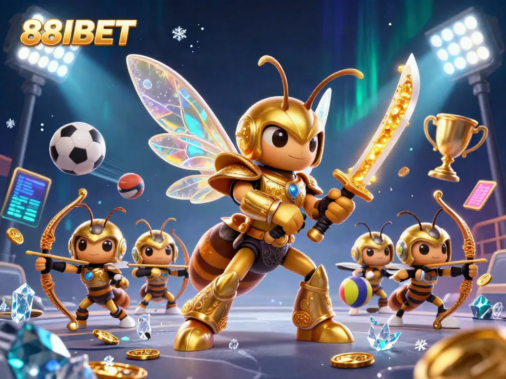 Bet on 88IBET with dynamic visuals of sports elements, gold coins, and a majestic hornet avatar.