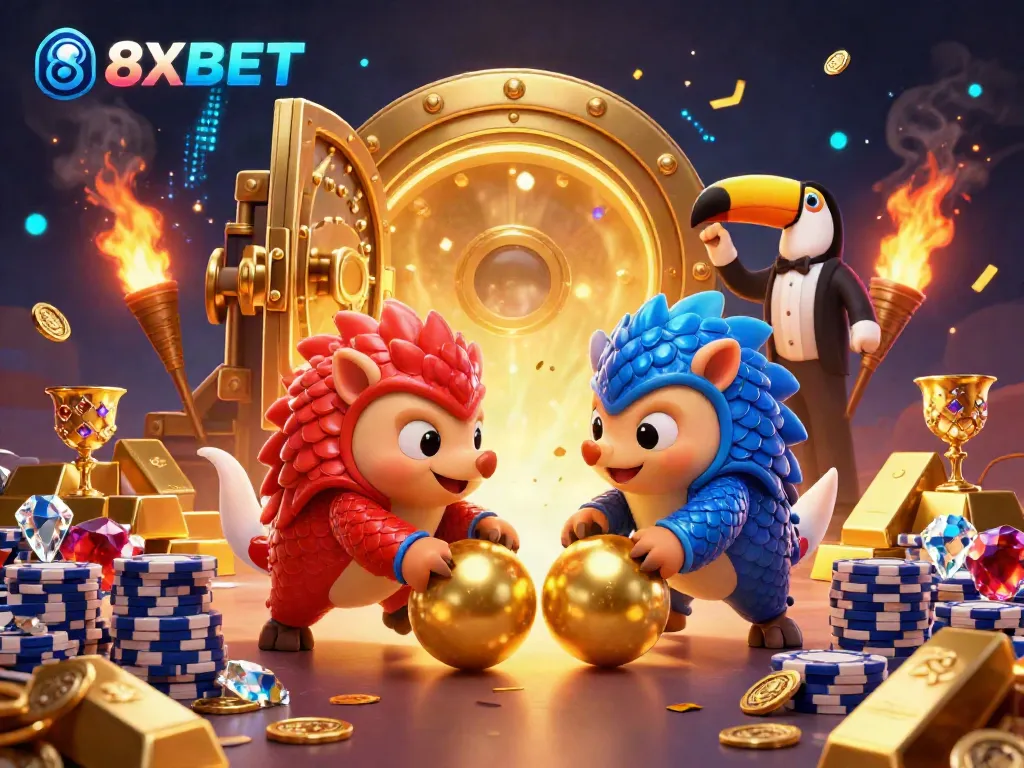 Rival pangolins in armor roll through poker chips, highlighting the excitement of 8XBET's gaming.
