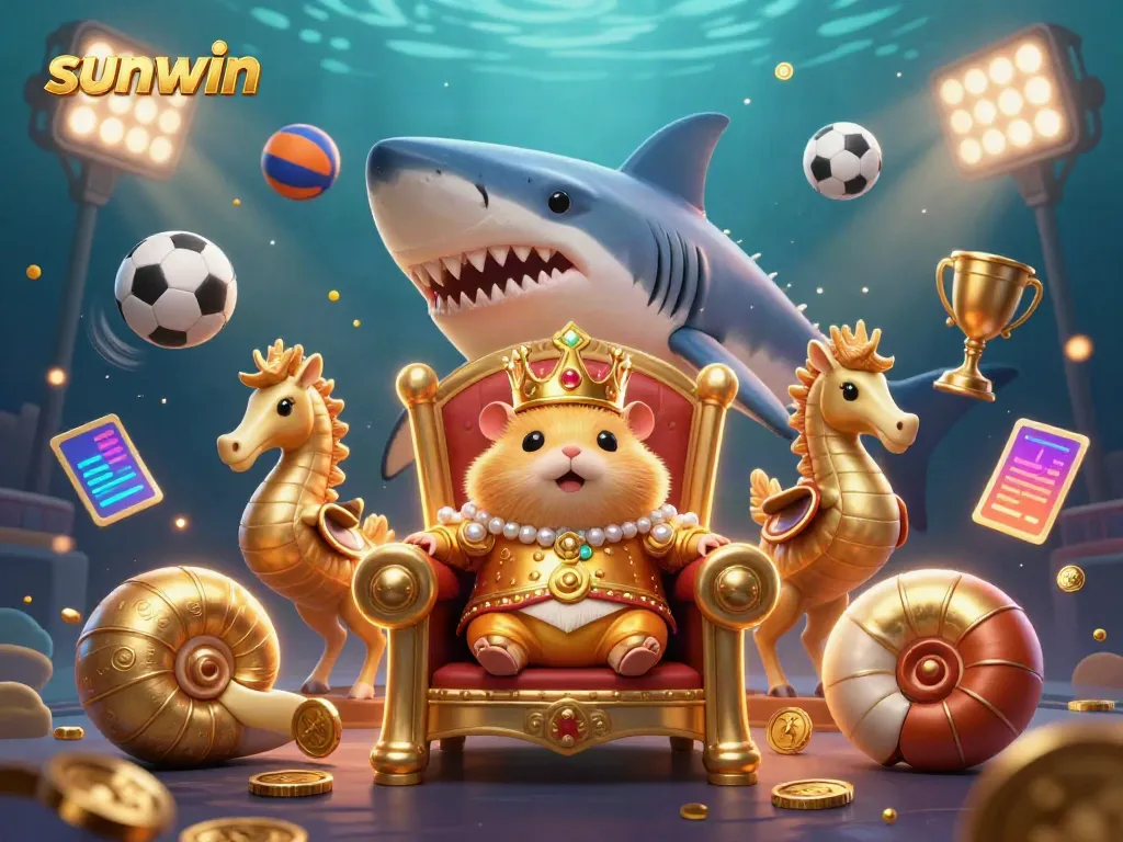 Experience the thrilling world of Sunwin with a vibrant scene of the golden hamster king and dynamic sports elements.
