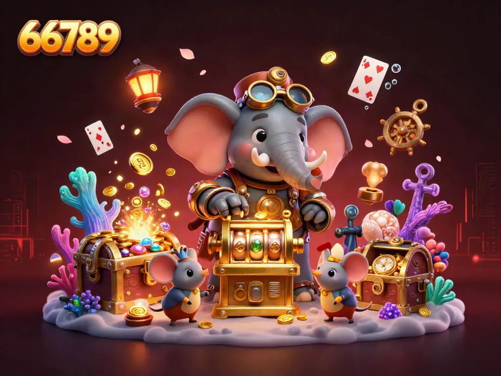 Experience the excitement of 66789 with steampunk characters, slot machines, and vibrant gambling elements.