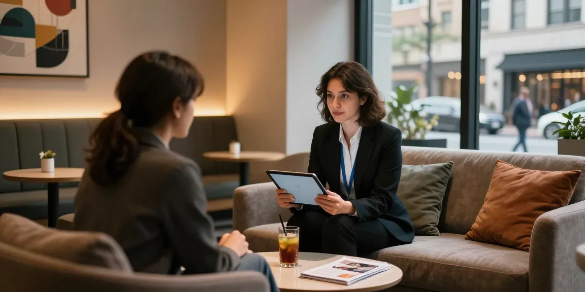 Engaging 파주op service lounge, showcasing a young manager assisting clients in a welcoming setting.