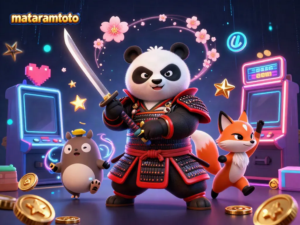 Mataramtoto game's dynamic scene featuring a fierce panda samurai, ninja fox, and magical tanuki amidst vivid casino slot machines.