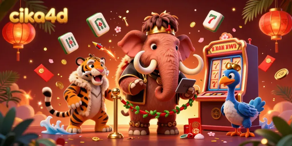 Experience the thrill of cika4d with a vibrant casino scene featuring charismatic animal characters and dynamic mahjong elements.