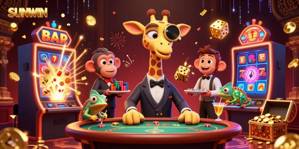 Experience the excitement of SUNWIN’s vibrant casino scene with dynamic gaming elements and animated characters.